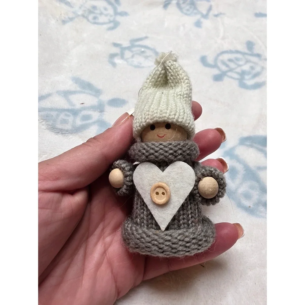 Handmade Wooden Peg Doll Ornament Knit Grey Sweater Heart Button Christmas Decor